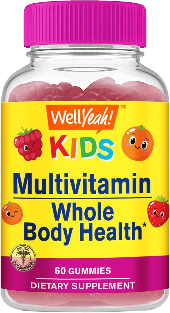 WellYeah Kids Multivitamin Gummies | ビタミンC・D3・E・B6・B12・ビオチン・亜鉛・葉酸・イオダイン・ナイアシン | 免疫・エネルギーサポート | オレンジ・ベリー味 | 60 カウント