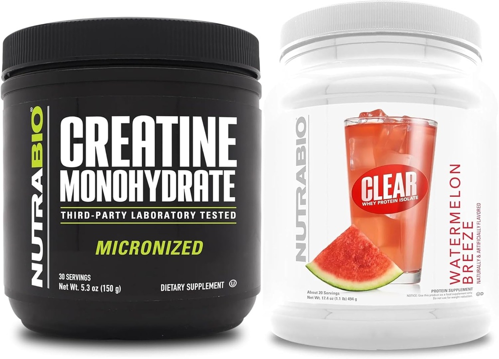 NutraBioクレアチンモノハイドレート、アンフレーバー、(150 g)とクリアウエイプロテイン分離、(スイカブリーズ)サプリメントバンドル - 筋肉エネルギー、最大成長、回復、および強度