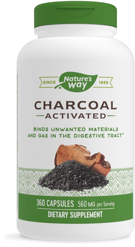 Nature's Way Activated Charcoal, Binds Unwanted Materials and Gas in Digestive Tract*, 560 mg / 2-Capsule サービング, 360 カプセル (パッケージ 5 月 Vary)