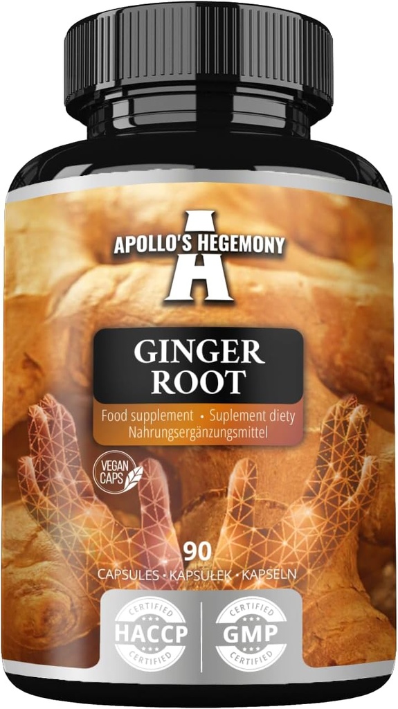 APOLLO'S HEGEMONY Ginger Root 500 mg, 抽出物が含まれています 5% Gingerols, 90 ビーガンカプセル, 3 ヶ月の供給, 消化快適性と免疫サポートのためのジンジャーハーブサプリメント