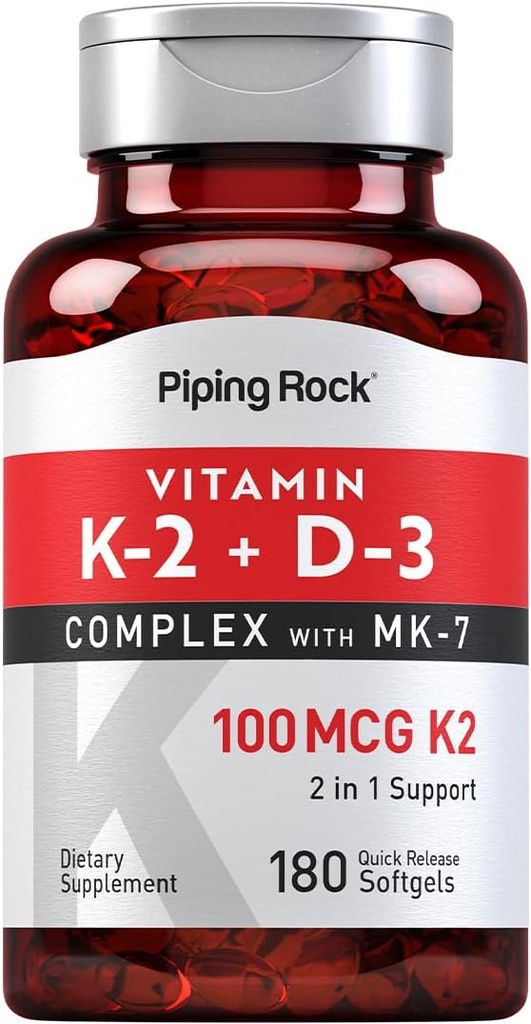 パイピングロックビタミンK2 D3サプリメント | 100 mcg | 180 Softgels | MK7の複雑 | 非GMO、グルテンフリー