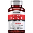 パイピングロックビタミンK2 D3サプリメント | 100 mcg | 180 Softgels | MK7の複雑 | 非GMO、グルテンフリー