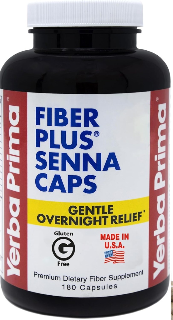 Yerba Prima Fiber Plus Senna Capsules, 180 Count - Gentle Overnight Relief, USA Made, Non-GMO, Gluten-Free