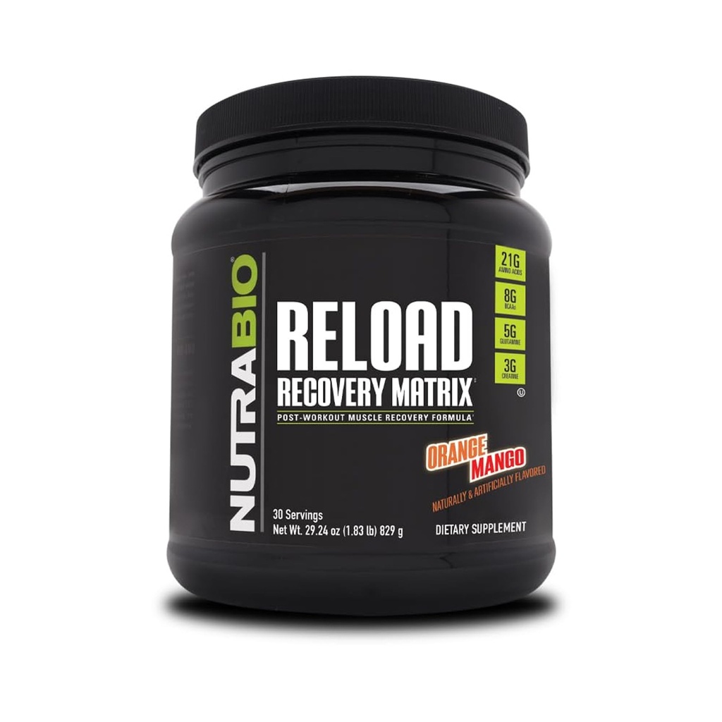 NutraBioリロード - 強力な筋肉回復式 - ポストワークアウトサプリメント - 3Gクレアチン - 8G BCAAs - 5Gグルタミン - 30サービング、オレンジマンゴー