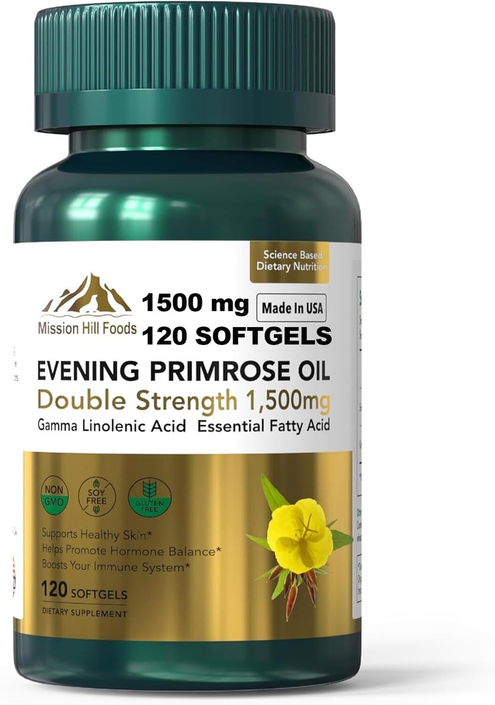 イブニング プリムローズオイル(1500mg) | ホルモンバランス・皮膚健康用高GLA(1本入) | 非GMO、グルテンフリー