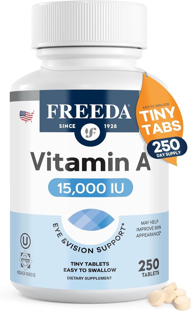 FreedaビタミンA 15,000 IU – Retinyl Palmitate – ビーガン, コーシャ, 魚なし – 目, ビジョン, 免疫 & 皮膚サポート – 小さな簡単な飲みやすいタブレット – VIT AビタミンAサプリメント – 250錠