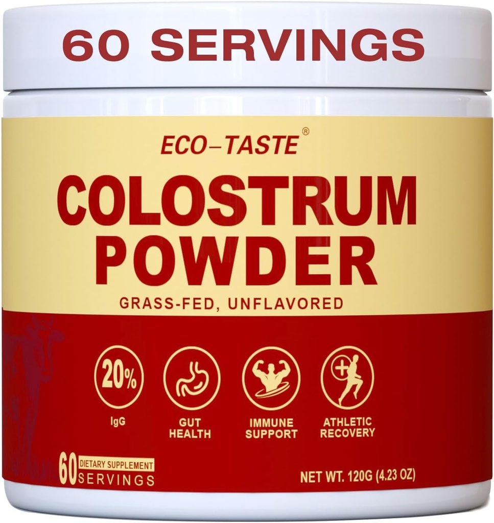 ECO-TASTE Colostrumパウダー | 20% IgG濃縮ピュアボバインコロストラムスーパーフード、無添加、グルテンフリー、無味、60食
