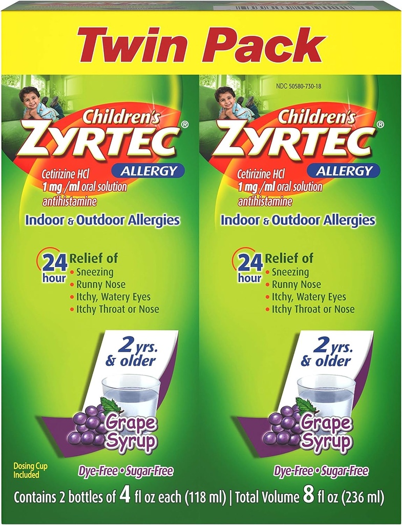 Zyrtec 24 Hr子供アレルギーシロップとセチリジン、砂糖フリーグレープ、4 flのツインパック。 oz