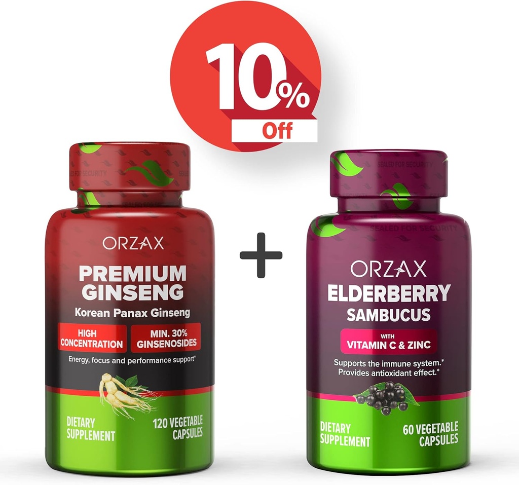 ORZAX Ginseng、30%のGinsenosidesの報酬120の野菜カプセルおよびエルダーベリーのカプセル、2000mg 60の野菜カプセル、束