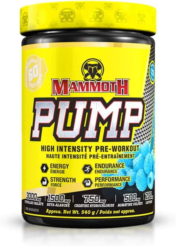 MAMMOTH PUMP – プレワークアウトパウダー, 優れた筋肉ポンプ, 強度と耐久性を高める, 爆発性パワー&エネルギーサプリメント, 強化フォーカス, クイック回復, 痛みを軽減 (60 セルフ, ブルー)