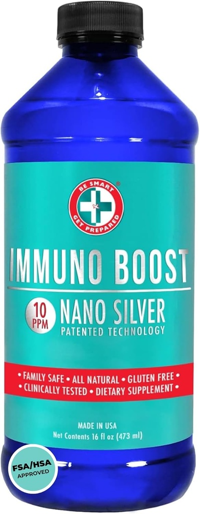 Be Smart Get Prepared Nano Silver Immuno Boost - 16 oz - Daily Immune Supplement for Family - Gluten Free, Vegetarian - Made in USA