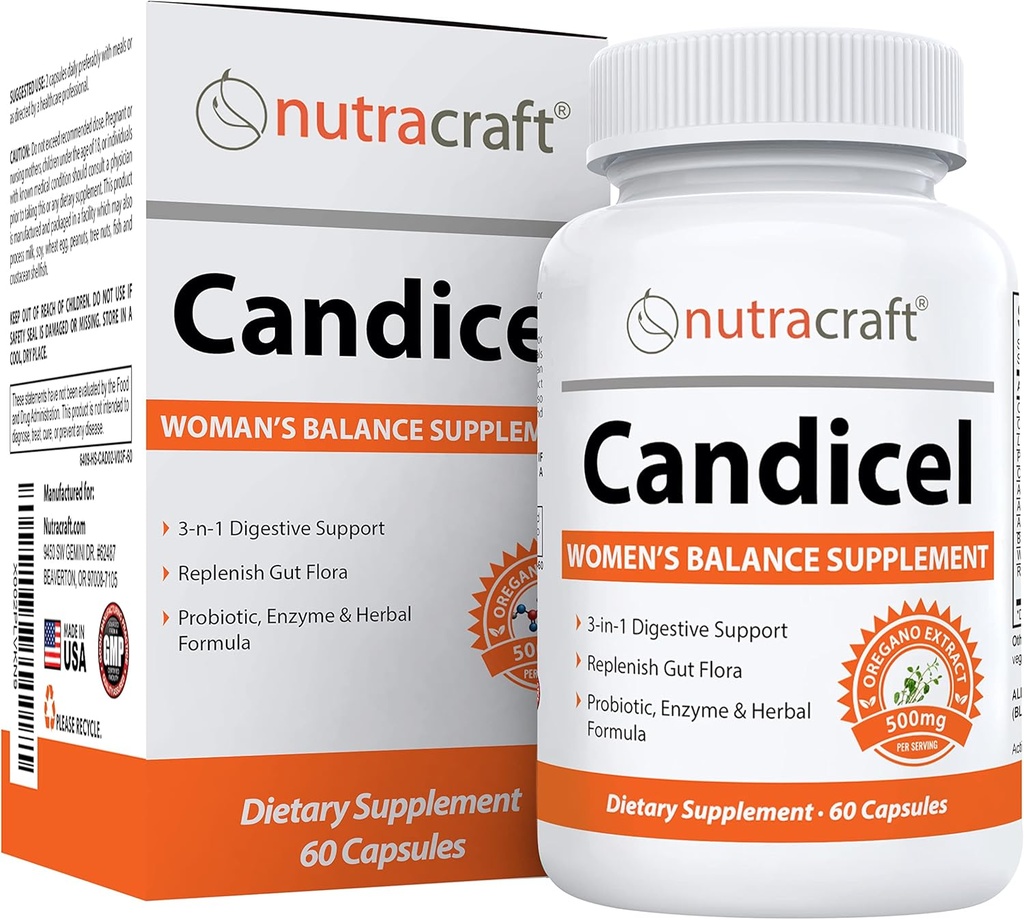 Nutracraft Candicel #1 腸内フローラサプリメント | 毛酸、オレガノ、ワームウッド、ブラックウォールナット、オーバー成長サポートのためのプロバイオティクス | 60 カプセル(非GMO)