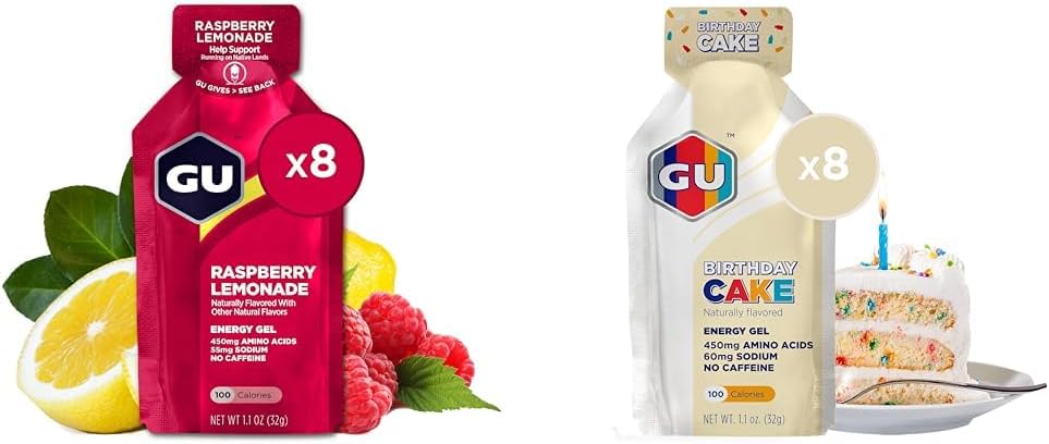 GU Energy Gel 8-Count Raspberry Lemonade and Birthday Cake Sports Nutrition Energy Gel Bundle