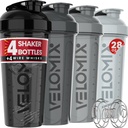 VELOMIX -4 パック- 28 oz プロテインミキサー用プロテインシェーカーボトル - 4x ワイヤーウィスク | リーク プロテインシェーク用プルーフシェーカーカップ | プロテインシェーカーボトルパック(シルバーミックス)