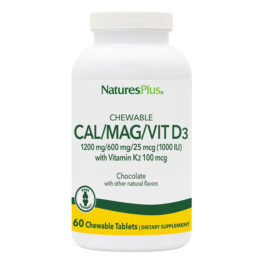 NaturesPlus Cal / Mag / VIT D3ビタミンK2-60Chewableタブレット - チョコレート味 - カルシウム、マグネシウム、ビタミンD3&K2骨の健康サポートサプリメント - 30サービング
