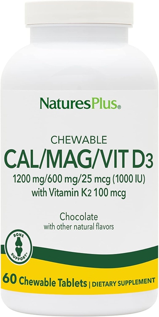 NaturesPlus Cal / Mag / VIT D3ビタミンK2-60Chewableタブレット - チョコレート味 - カルシウム、マグネシウム、ビタミンD3&K2骨の健康サポートサプリメント - 30サービング