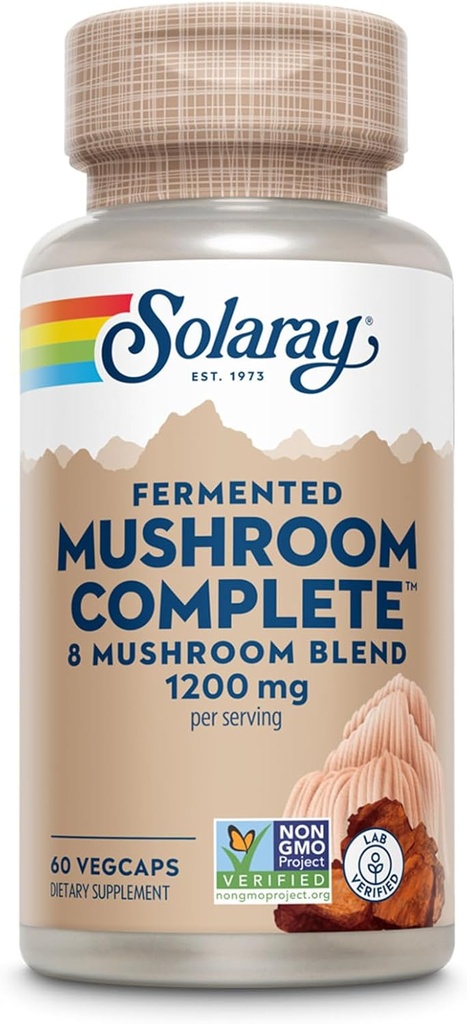 SOLARAY Fermented Mushroom Complete - Organic Chaga, Reishi, Shiitake, Cordyceps, Turkey Tail Mushroom and Lions Mane Supplement Capsules - 8 Mushroom Supplement - Non-GMO, 30 Servings, 60 VegCaps