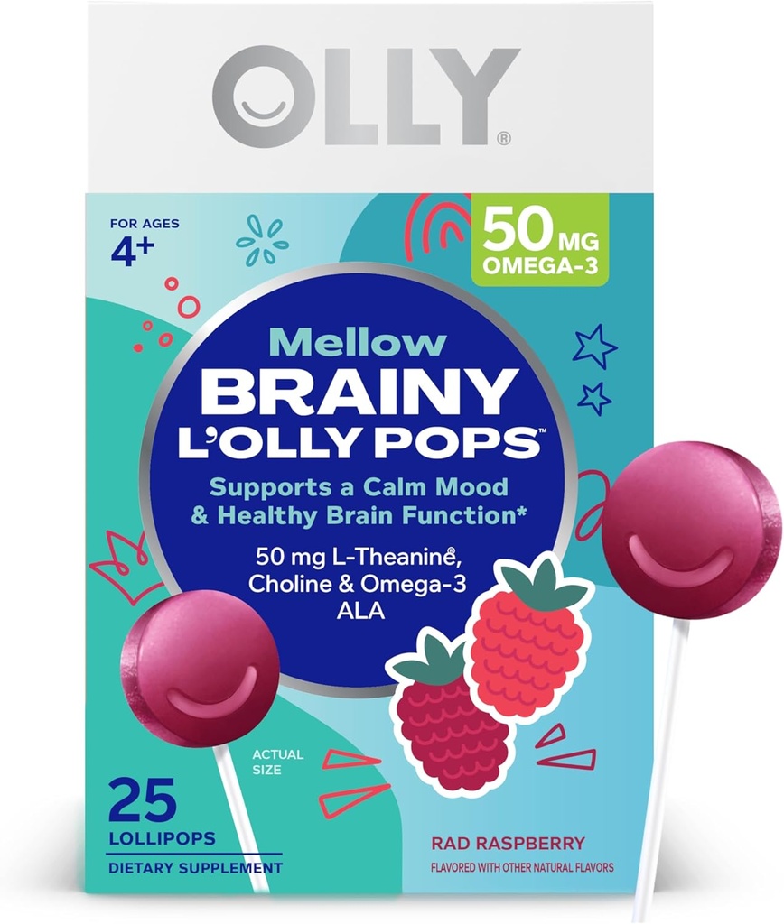 OLLY Mellow Buddies L’OLLY Pops, L-Theanine, Choline, Omega-3 ALA, Kids 4+ 栄養補助食品 ロリポップス, Calm Mood & Healthy Brain Function,* ビーガン, Raspberry Flavored, 25 カウント