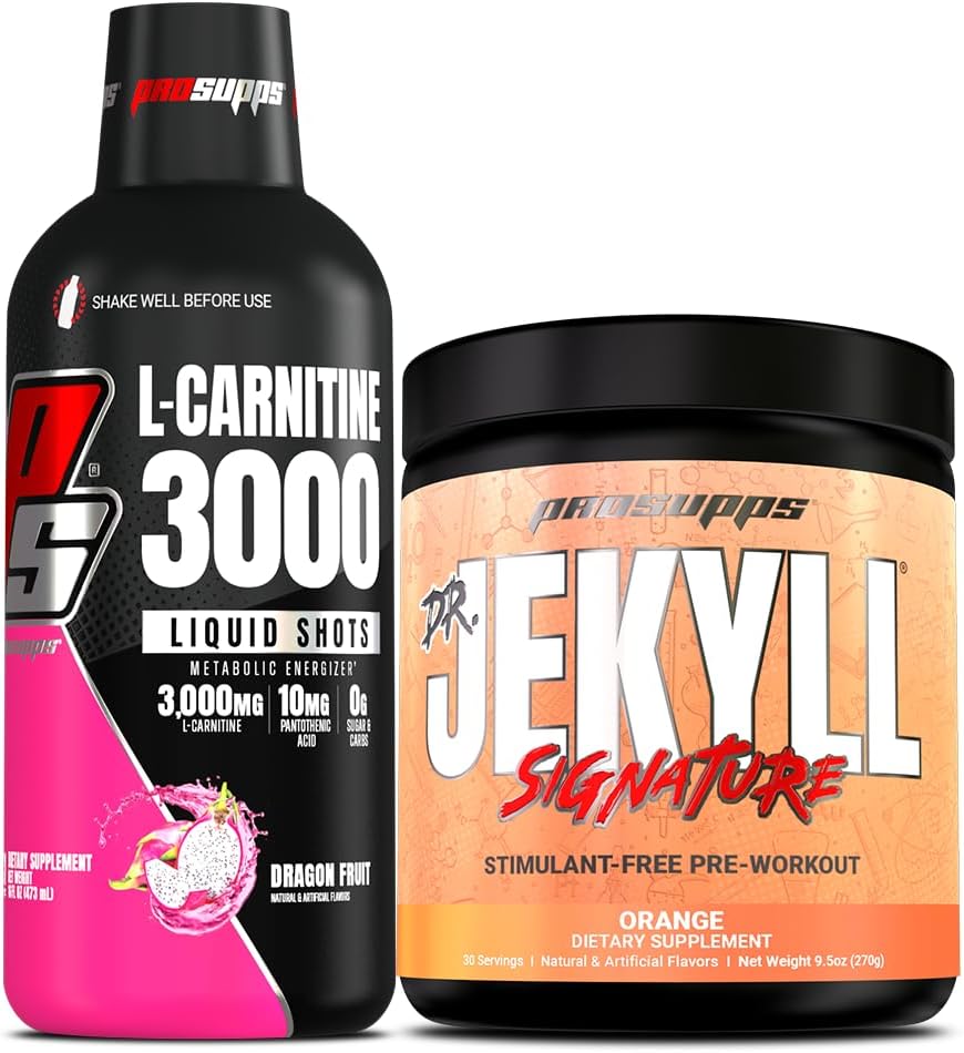 PROSUPPS L-カルニチン3000興奮剤フリー液体ショット(31サービング、ドラゴンフルーツ)とハイドシグネチャーシリーズプレワークアウトエナジーパウダードリンク(30サービング、オレンジ)バンドル