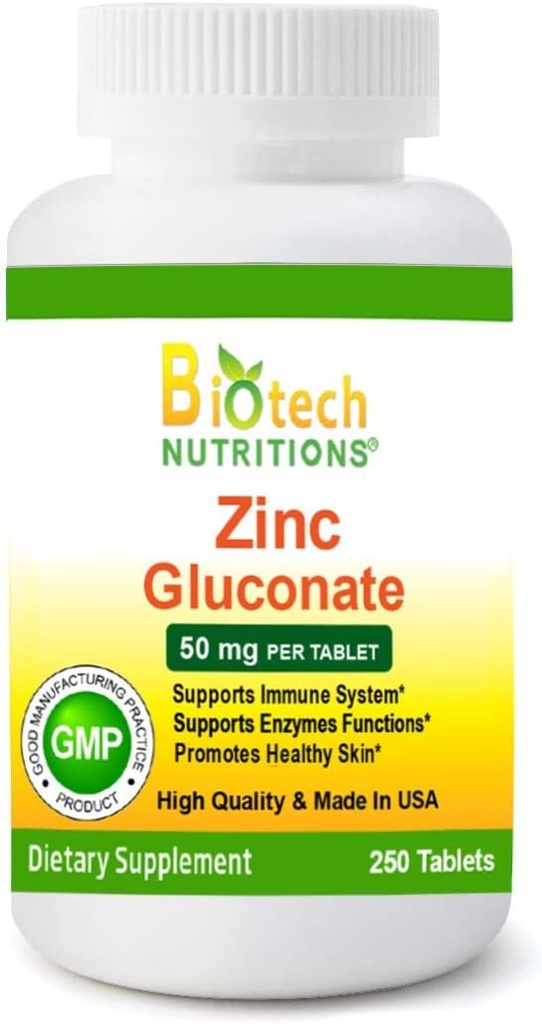 Zinc Gluconate 50 mg 250 Tablets Made in USA Vegetarian/Vegan Zinc Gluconate