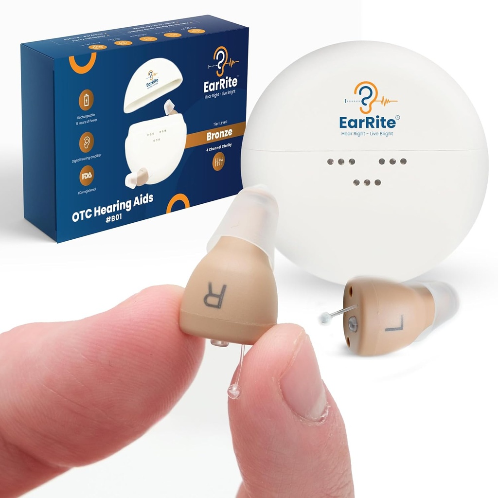 EarRite 充電式 OTC 高齢者向け補聴器 - ほぼ目に見えない & 快適 9 騒音低減と充電ケースを備えた、Clarity コンパクト In-Ear デザイン デジタル補聴器