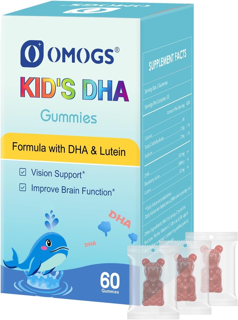 OMOGSの子供のDHAブルーベリーは、ルテイン、オメガ3&ビタミンC Algae DHA、目の健康、脳の健康と健康的な免疫、グルテンフリー、ビーガン、60グミ。