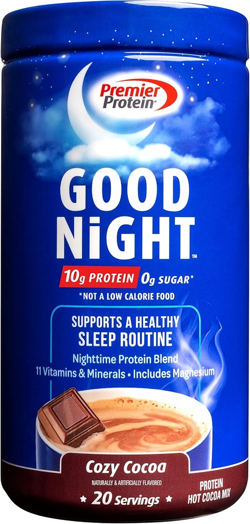Premier Protein Good Night Protein Powder, Hot Cocoa Mix, 10g Protein, 0g Sugar, 11 Vitamins & Minerals, Nighttime Protein Blend, Magnesium, Zinc, 20 Serve, 1 Tub
