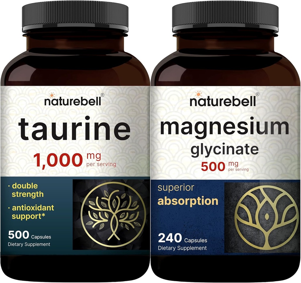 NatureBellのマグネシウムのGlycinateのカプセル500mg及びタウリンのカプセルのサービングの束のパックごとの1,000mg Chelated及び浄化された鉱物 必須のアミノ酸の補足