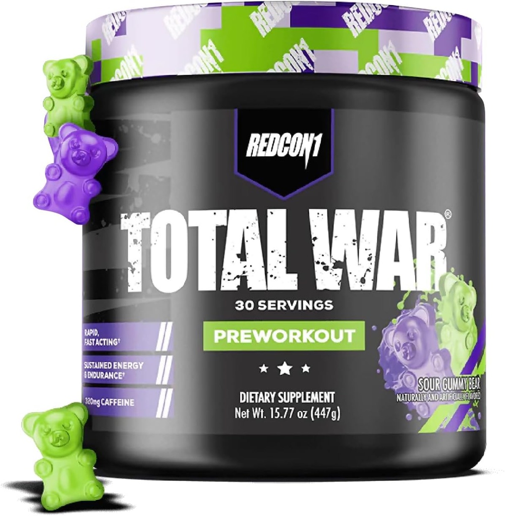REDCON1 Total War Pre Workout、Sour Gummy Bear - Beta Alanineと男性+女性のための迅速な行動カフェインプレワークアウト - 増加したポンプ、血流(30のサービング)のためのCitrulline Malateが含まれています