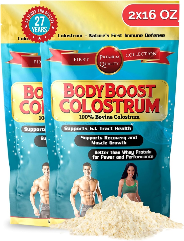 BodyBoostのColostrumの全体、100%の牛のColostrumの粉、Immoglobulin及びLactoferrinの草によって供給されるColostrum、腸の健康、多様な取入口、2x16のoz