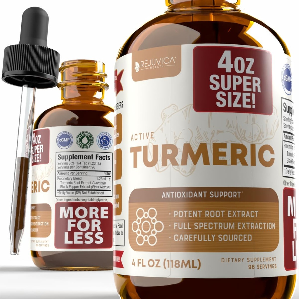 Rejuvica 健康活動的なターメリック 4oz XL の極度のサイズ - 高度の液体の補足のチンキ - Curcuma Longa のエキスの低下 - ターメリックの根だけ-自然にカークミンを占有する