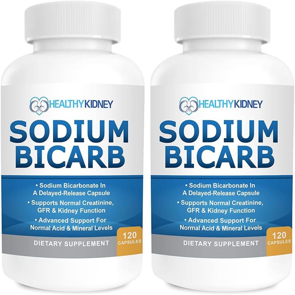 Sodium Bicarbonate 650mg Capsules Delayed Release for Supporting Normal Kidney Function & Kidney Supplement. Sodium Bicarbonate for Acid Relief, Alkalinity 120 Pills 2-Pack