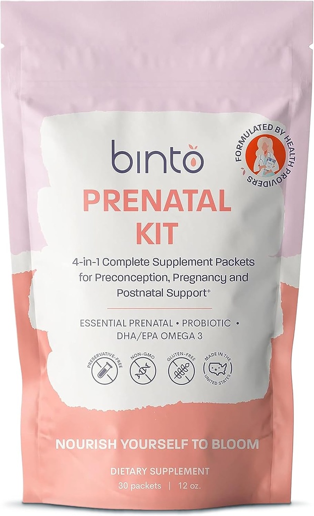 Binto Prenatal Kit - 健康なママと赤ちゃんのための4-in-1サプリメント - 30日の供給 - Multivitamin、Probiotics、鉄、DHA、メチル化された葉酸 - 非GMO、グルテンフリー、ベジタリアン