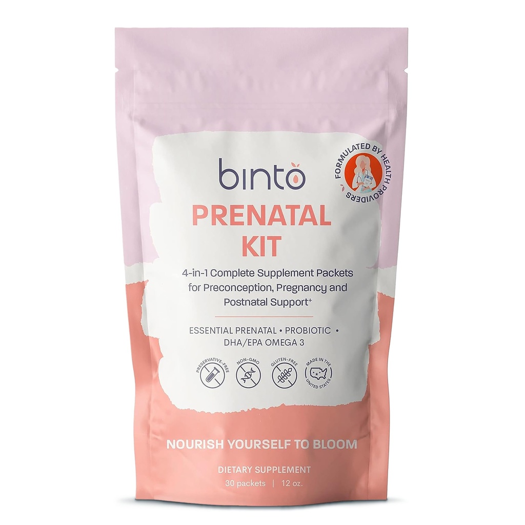 Binto Prenatal Kit - 健康なママと赤ちゃんのための4-in-1サプリメント - 30日の供給 - Multivitamin、Probiotics、鉄、DHA、メチル化された葉酸 - 非GMO、グルテンフリー、ベジタリアン