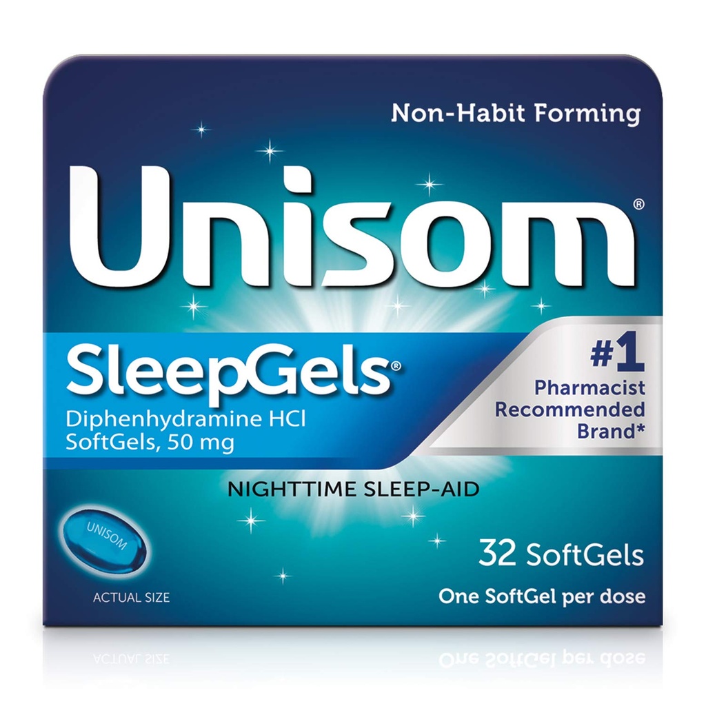 Unisom SleepGels、Nighttime Sleep-aid、Diphenhydramine HCI 50 mg、32 SoftGels
