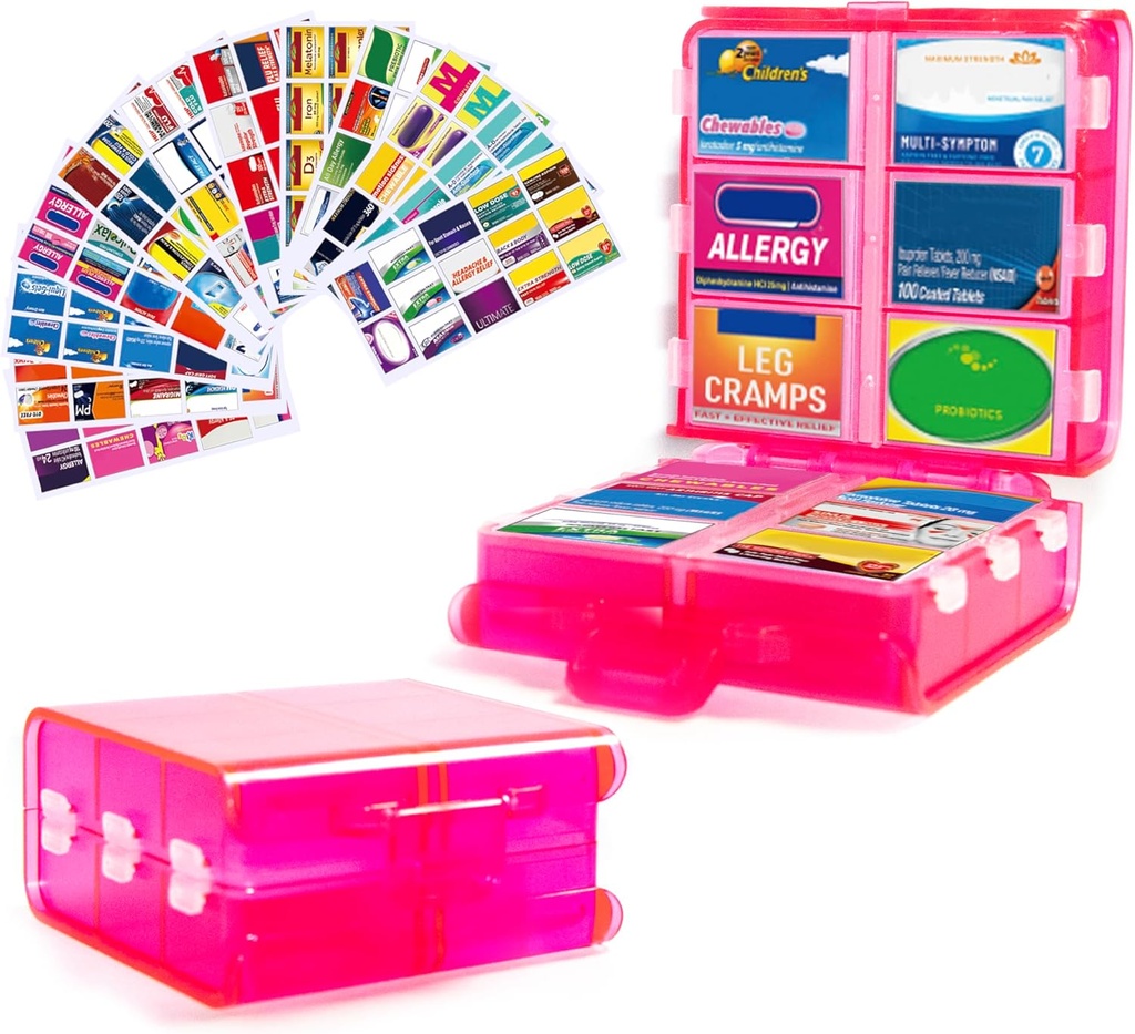 薬のラベル、丸薬ディスペンサー12比較旅行薬の貯蔵の箱、ビタミン及び補足のための7日の丸薬箱(ピンク、161のラベル)が付いている大きい丸薬のオルガナイザー
