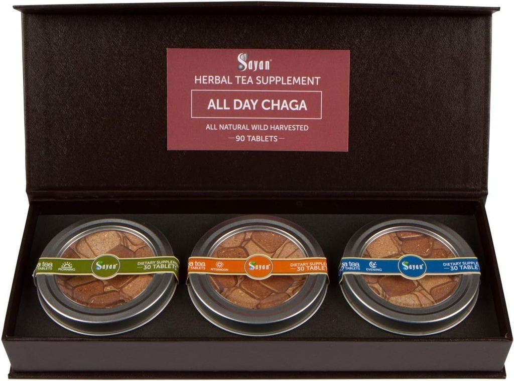 Sayan Siberian All Day Set Instant Chaga Mushroom Tea, Pack of 3 Daily Tablets (90 Pcs) - Wild-Harvested, Premium Blend – Natural Antioxidant Tea for Immune support, Energy boost & Improved Digestion