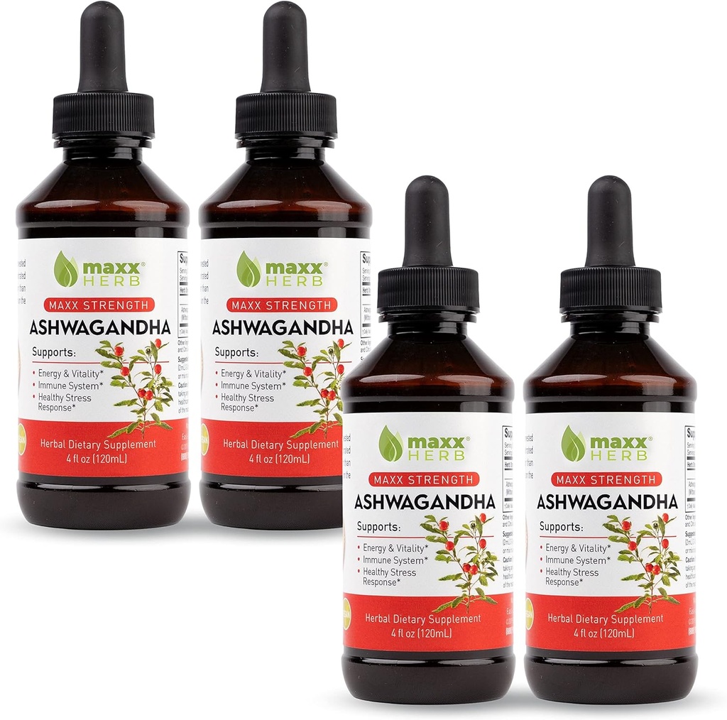 Maxx Herb Ashwagandha Extract – Max Strength Liquid Tincture Absorbs Better Than Capsules or Powder - for Stamina, Memory, and Immune Support – 4 Bottles, 4 Oz Each (240 Servings)