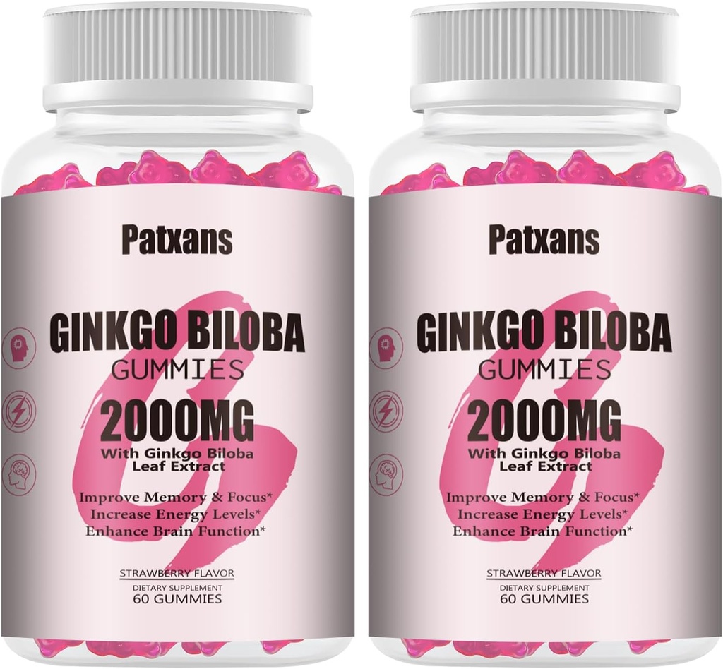 2 パック 2000 mg の Ginkgo の Biloba Gummies - Ginkgo Biloba サプリメント のための 脳の健康サポート, 気分とフォーカスを改善します。, エネルギー, 大人, イチゴの味, 120 カウント
