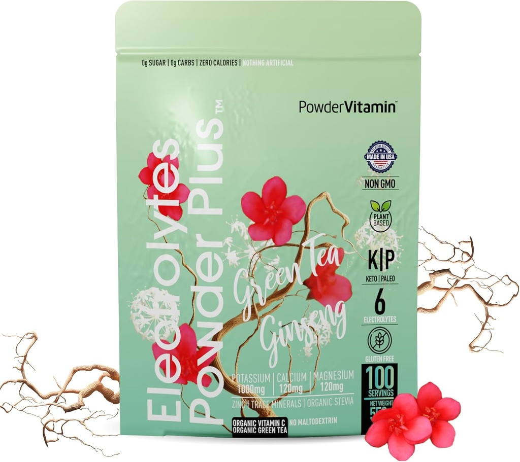 PowderVitamin Electrolytes Powder Plus (100 Servings) Green Tea Ginseng Electrolyte Powder Keto, Sugar Free, Pink Himalayan Salt,1000mg Potassium,150mg Calcium,150mg Magnesium, Hydration Powder