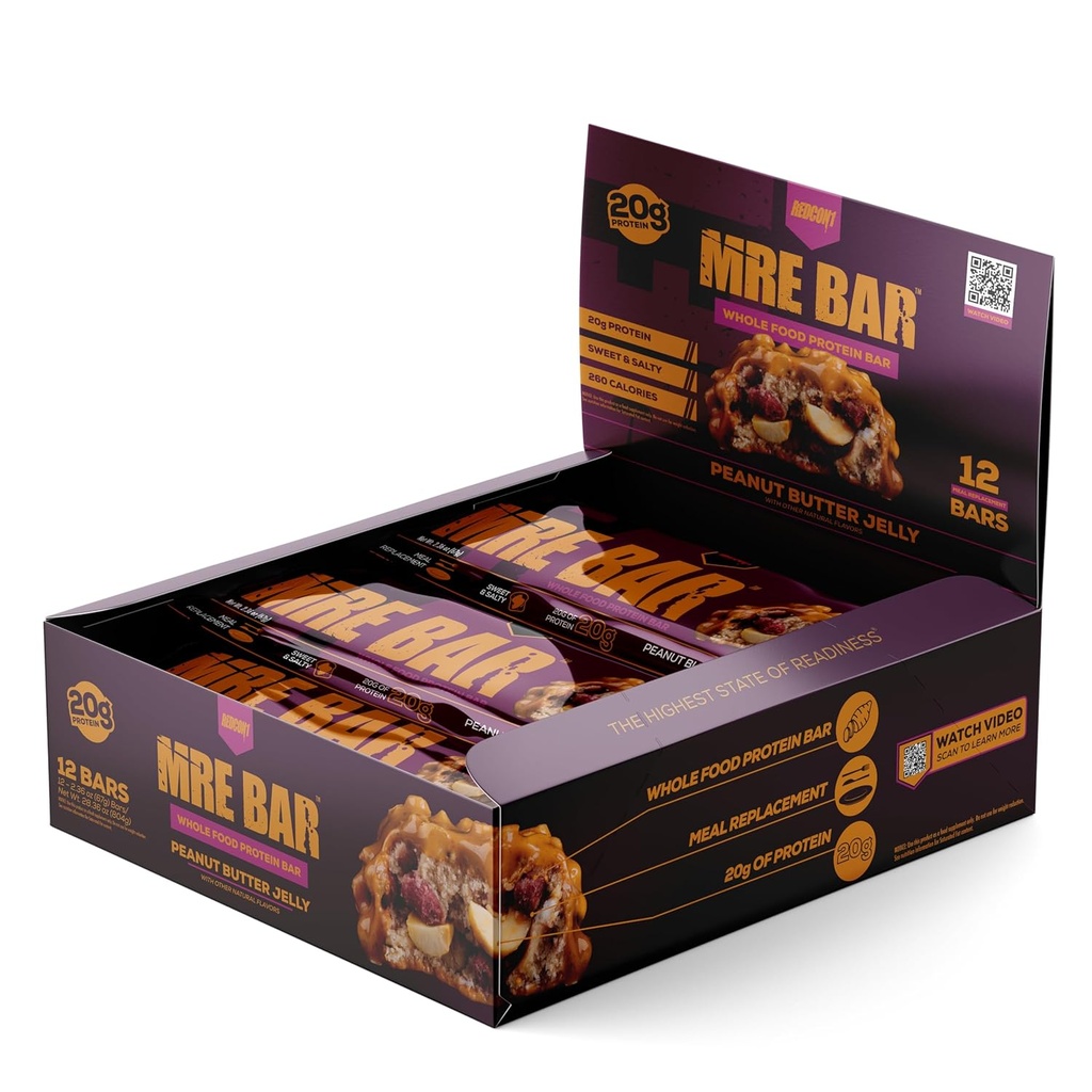 REDCON1 MRE Protein Bar, Peanut Butter Jelly - Contains MCT Oil + 20g of Whole Food Protein - Easily Digestible, Macro Balanced Low Sugar Meal Replacement Bar (12 Bars)