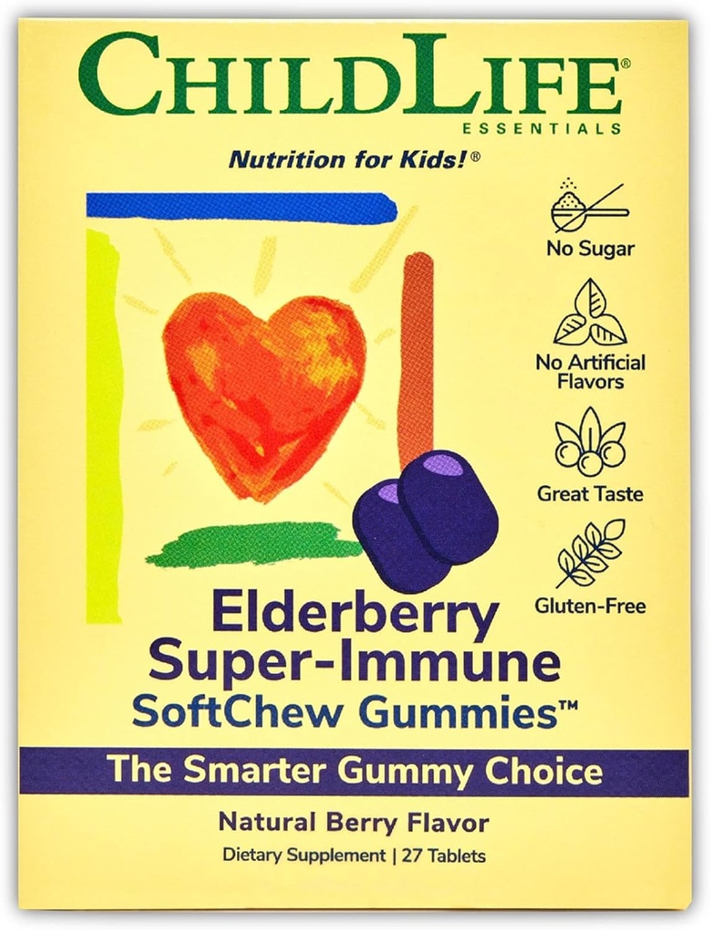 CHILDLIFE ESSENTIALS Elderberry Super-Immune SoftChew Gummies for Kids - Immune Support with Vitamin C & Vitamin D3, Elderberry Immune Supplement for Babies, Toddlers & Children - Berry, 27 Softchews