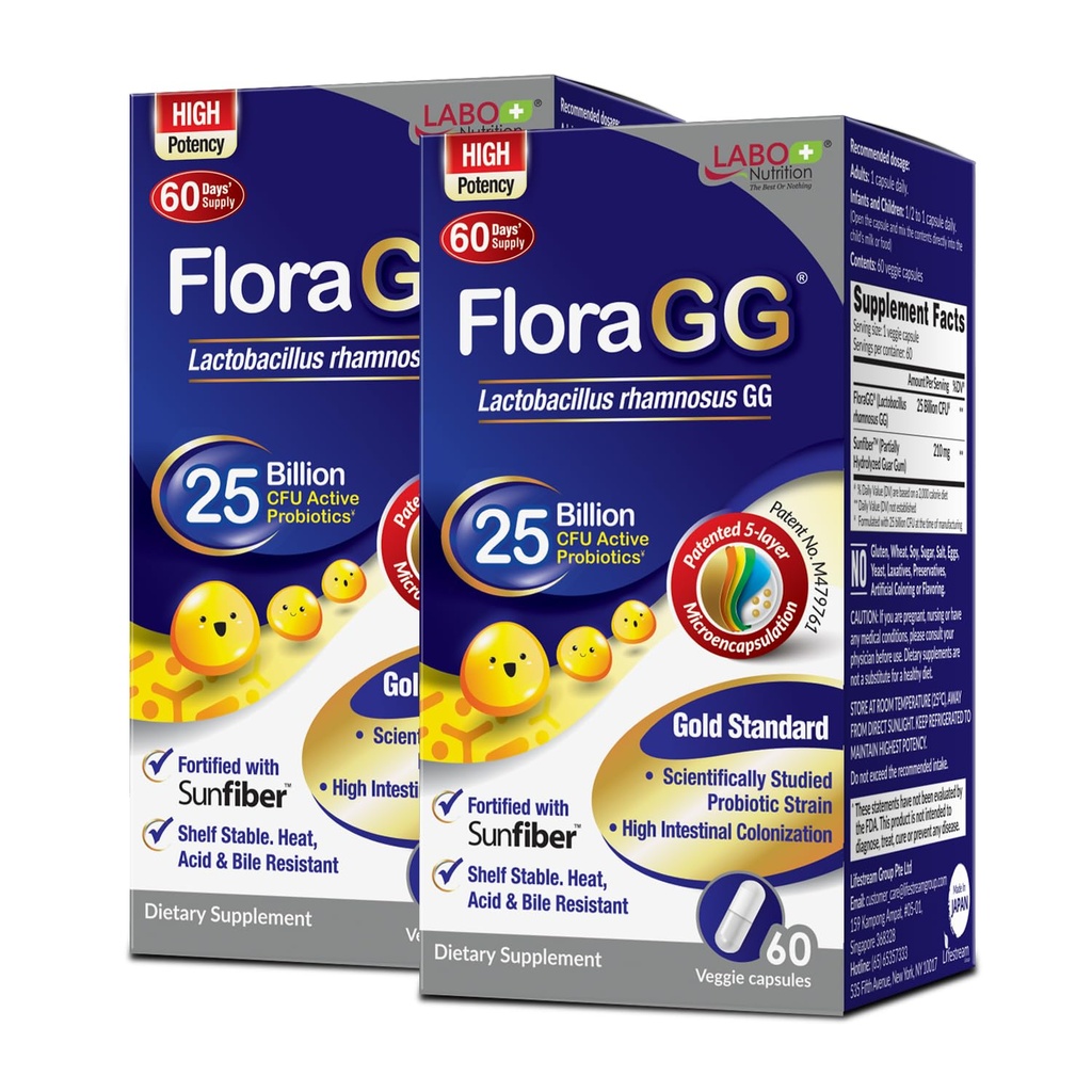 LABO栄養FloraGG、Lactobacillus Rhamnosus GG 25 Billion CFU活動的なプロバイオティクス及びSunfiberのプレバイオティクス繊維の補足、サポート健康な腸、免疫の健康の遅れた解放及びグルテンフリー60sx2