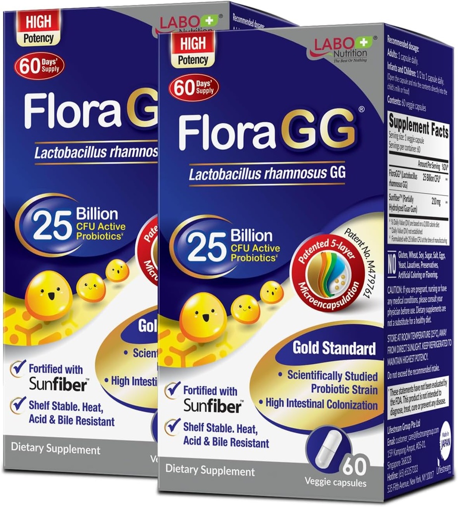 LABO栄養FloraGG、Lactobacillus Rhamnosus GG 25 Billion CFU活動的なプロバイオティクス及びSunfiberのプレバイオティクス繊維の補足、サポート健康な腸、免疫の健康の遅れた解放及びグルテンフリー60sx2