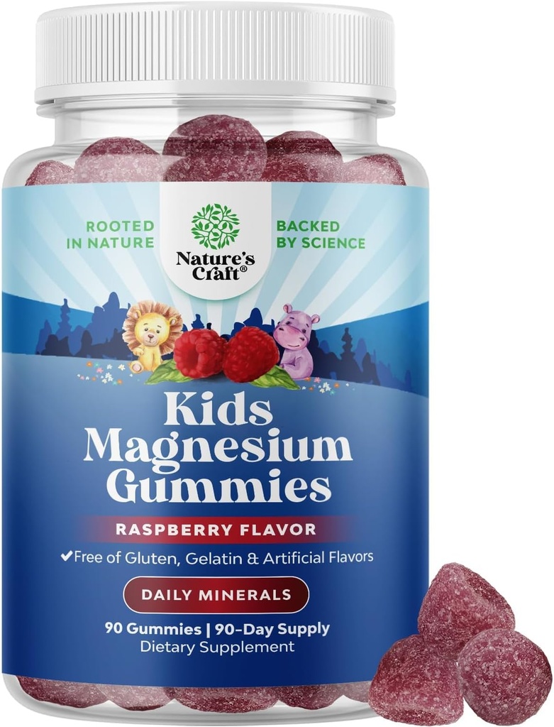 Kids Magnesium Gummies - Calm Relaxing Mg Citrate Supplement with Raspberry Flavor - Calm Magnesium Supplement for Nerve Health Muscles & Healthy Heart Support - Mag Citrate Gummies - 90 Count Pack
