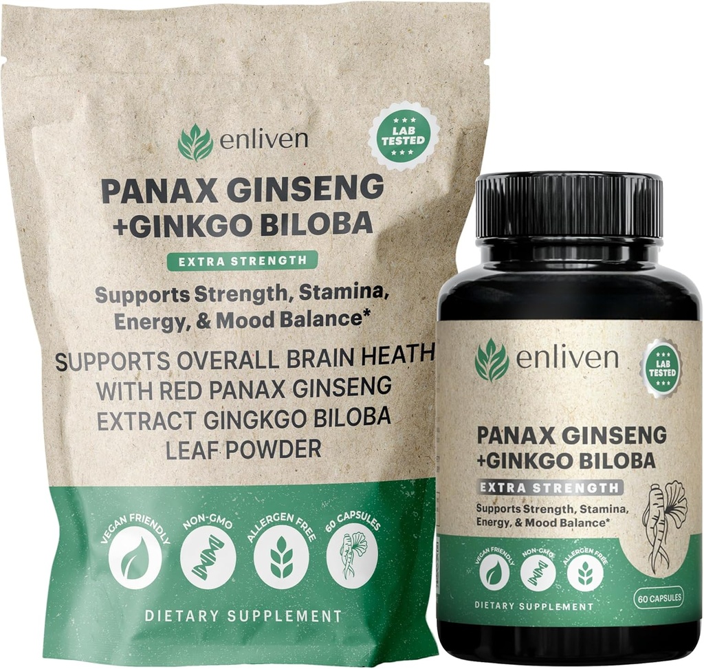 Panax Ginseng&Ginkgo Bilobaは、エネルギー、フォーカス、脳の健康のためのサプリメント | 記憶、ストレスの軽減と循環のための韓国の赤いGinsengカプセル | 自然な認知サポート | 60 カウント | アメリカ製