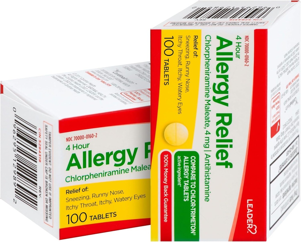 Leader 4 Hour Allergy Relief, Chlorpheniramine Maleate Tablets, Antihistamine, 4 mg, 100 Count, Pack of 2