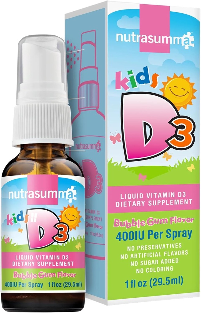 Nutrasumma Kids Vitamin D3 400 IU Spray Bubble Gum Flavor-1oz- Naturally High Absorption Rate Supports Bone Boosts Immune System Vitamin Supplement