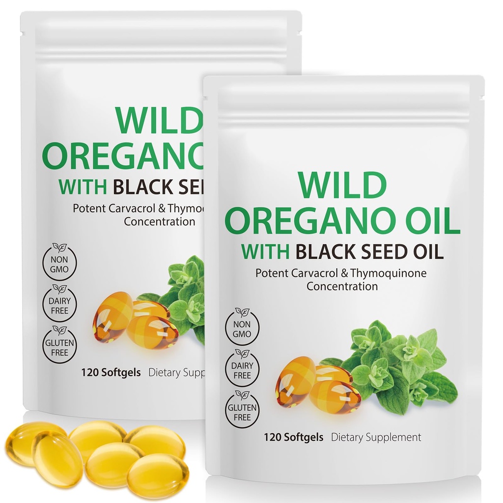 Oregano Softgels 6000mg/サービング 240 カウント | 2 in 1 フォーミュレート ブラックシードオイル 200mg、4X 強度 Carvacrol & Thymoquinone | プラントベース、非GMO&免疫サポート