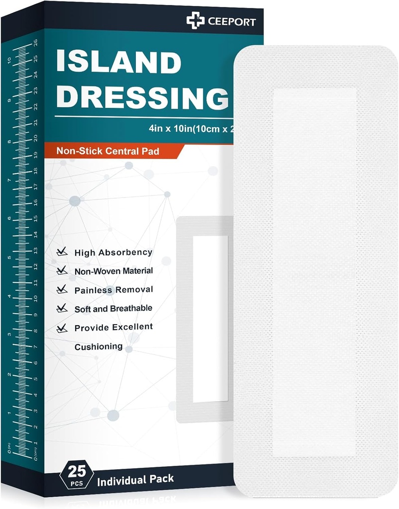 アイランドドレッシングボーダーガーゼ4 "x10"、25個別に粘着ボーダー、ソフト&高吸収医療用グレードドレッシングガウゼパッドとワンドケアとファーストエイドのためのセンターでパック